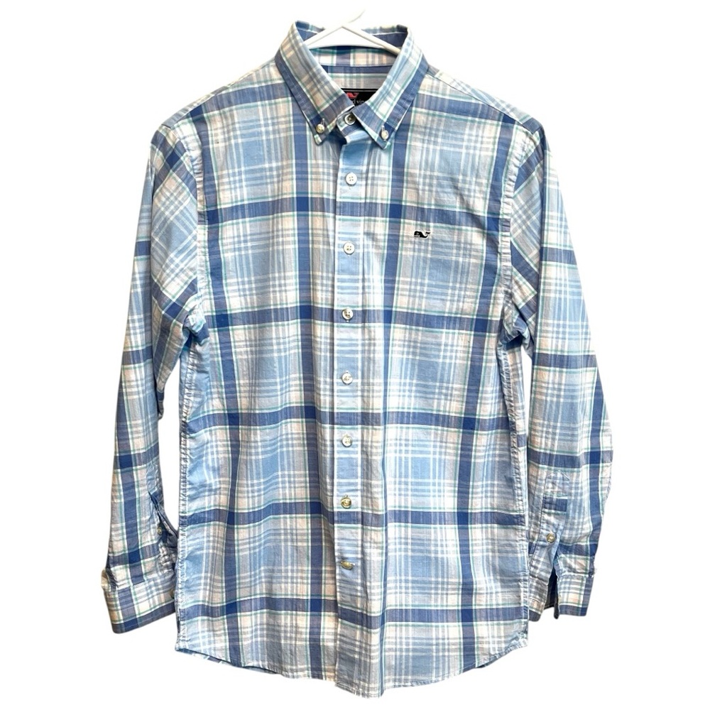 Vineyard Vines Cotton Boys Casual Blue and White Plaid Button Down Shirt Sz L-16